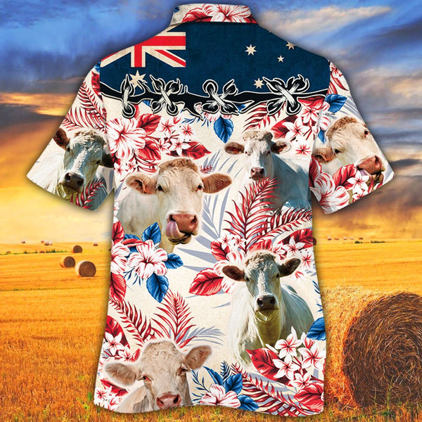 Joycorners Charolais Cattle Australian Flag Hawaiian Flowers All Over Printed 3D Hawaiian Shirt
