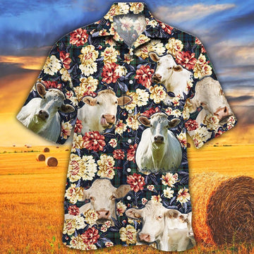 Joycorners Charolais Cattle Green Plaid Pattern All Over Printed 3D Hawaiian Shirt