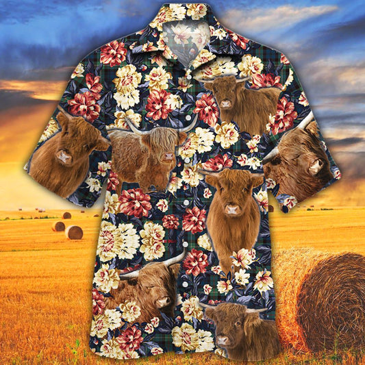 Joycorners Highland Cattle Green Plaid Pattern All Over Printed 3D Hawaiian Shirt