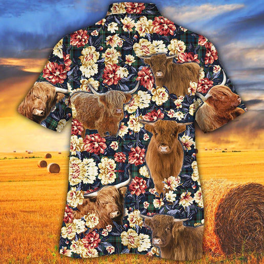 Joycorners Highland Cattle Green Plaid Pattern All Over Printed 3D Hawaiian Shirt