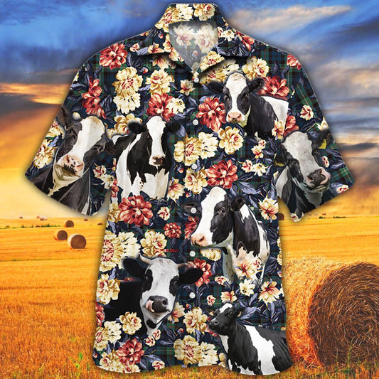 Joycorners Holstein Friesian Cattle Green Plaid Pattern All Over Printed 3D Hawaiian Shirt