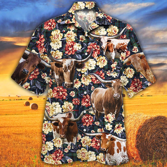 Joycorners Longhorn Cattle Green Plaid Pattern All Over Printed 3D Hawaiian Shirt