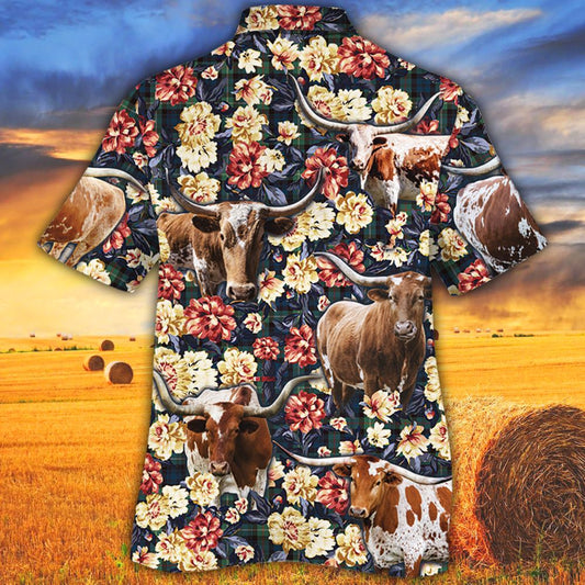 Joycorners Longhorn Cattle Green Plaid Pattern All Over Printed 3D Hawaiian Shirt