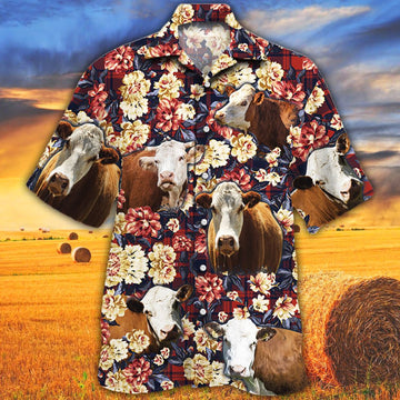 Joycorners Herefold Cattle Red Plaid Pattern All Over Printed 3D Hawaiian Shirt