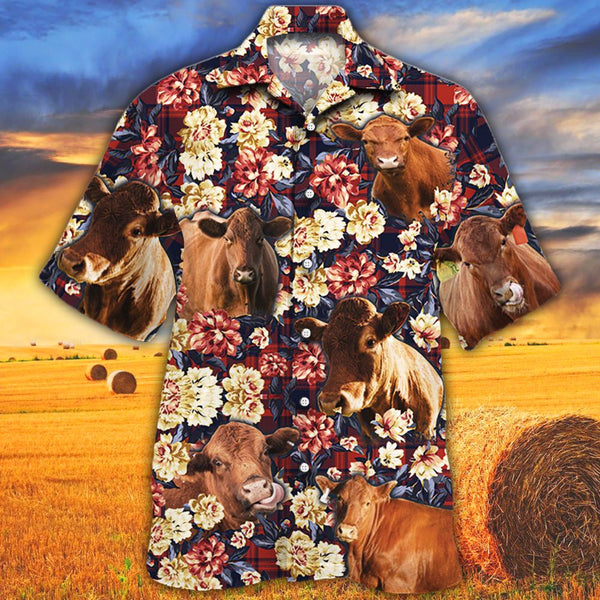 Joycorners Red Angus Cattle Red Plaid Pattern All Over Printed 3D Hawaiian Shirt
