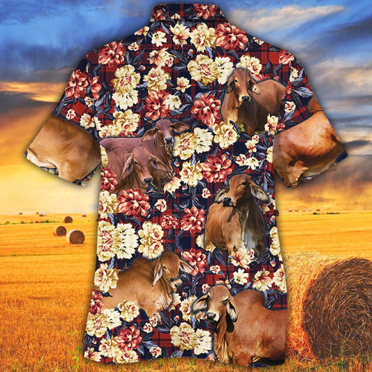 Joycorners Red Brahman Cattle Red Plaid Pattern All Over Printed 3D Hawaiian Shirt