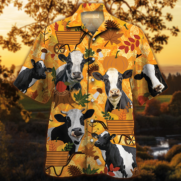 Joycorners Holstein Friesian Cattle Nature Autumn Pumpkin All Over Printed 3D Hawaiian Shirt