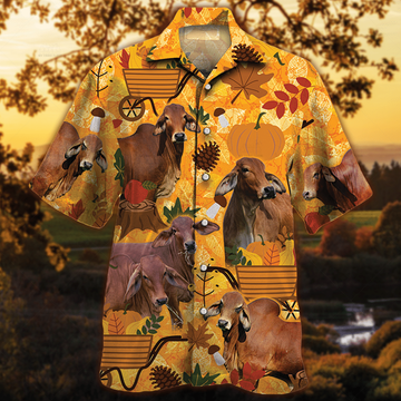 Joycorners Red Brahman Cattle Nature Autumn Pumpkin All Over Printed 3D Hawaiian Shirt