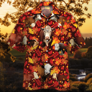 Joycorners Herefold Cattle Autumn Leaves All Over Printed 3D Hawaiian Shirt