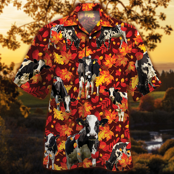 Joycorners Holstein Friesian Cattle Autumn Leaves All Over Printed 3D Hawaiian Shirt