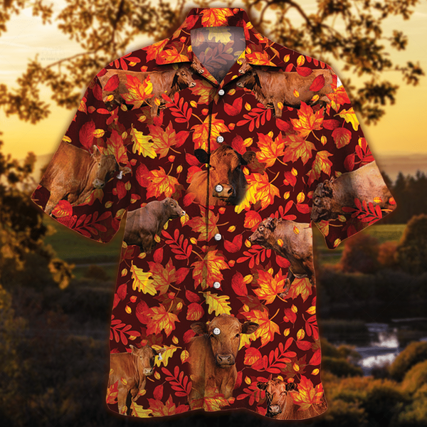 Joycorners Red Angus Cattle Autumn Leaves All Over Printed 3D Hawaiian Shirt