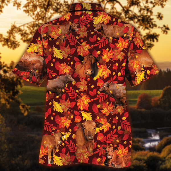 Joycorners Red Angus Cattle Autumn Leaves All Over Printed 3D Hawaiian Shirt