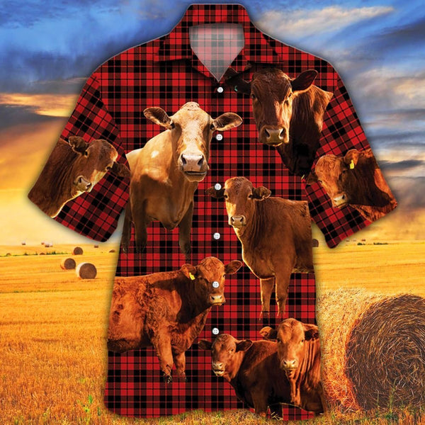 Joycorners Cow Red Tartan Pattern All Over Printed 3D Hawaiian Shirt