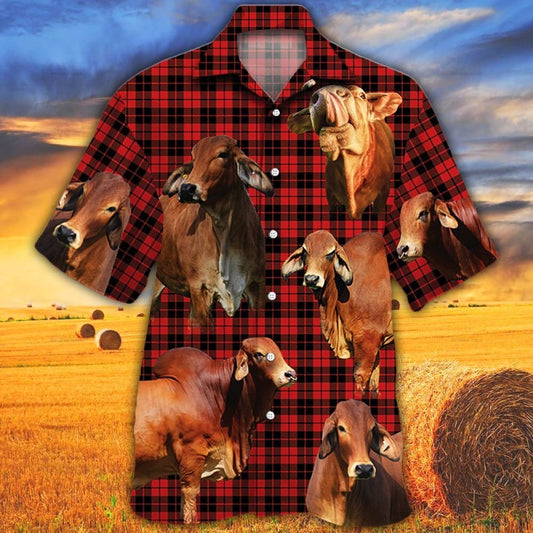 Joycorners Red Brahman Cattle Red Tartan Pattern All Over Printed 3D Hawaiian Shirt