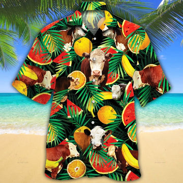 Joycorners Hereford Cattle Tropical Fruits All Over Printed 3D Hawaiian Shirt