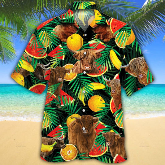 Joycorners Highland Cattle Tropical Fruits All Over Printed 3D Hawaiian Shirt