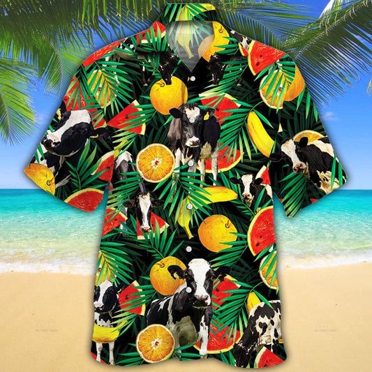 Joycorners Holstein Friesian Cattle Tropical Fruits All Over Printed 3D Hawaiian Shirt