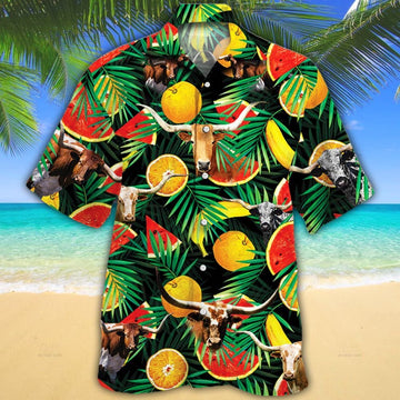 Joycorners Longhorn Cattle Tropical Fruits All Over Printed 3D Hawaiian Shirt