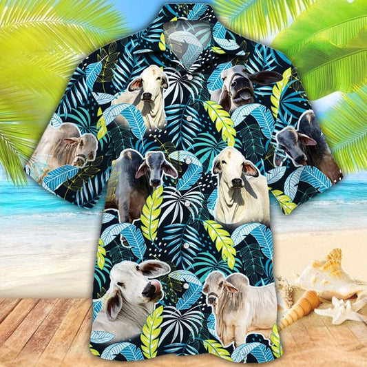 Joycorners Brahman Cattle Jungle Leaves All Over Printed 3D Hawaiian Shirt