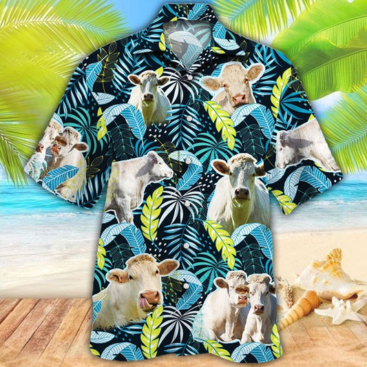 Joycorners Charolais Cattle Jungle Leaves All Over Printed 3D Hawaiian Shirt