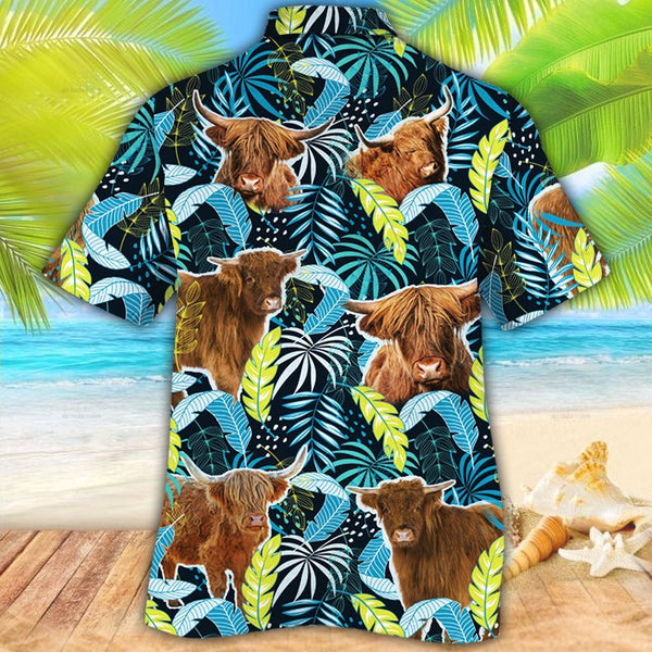 Joycorners Highland Cattle Jungle Leaves All Over Printed 3D Hawaiian Shirt