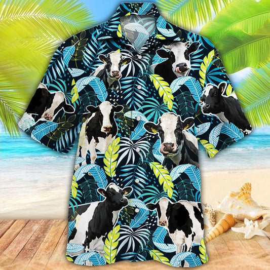 Joycorners Holstein Friesian Cattle Jungle Leaves All Over Printed 3D Hawaiian Shirt