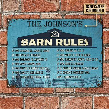 Joycorners Farm Barn Rules Blue Rectangle Metal Sign Custom Name