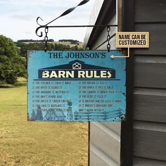 Joycorners Farm Barn Rules Blue Rectangle Metal Sign Custom Name