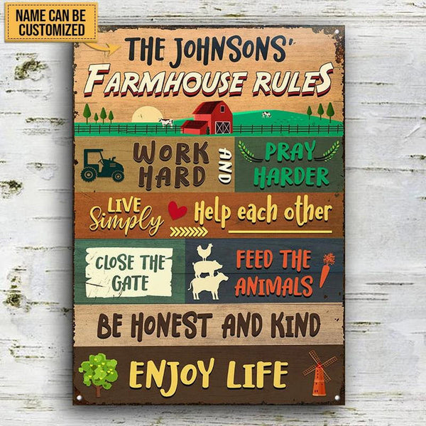 Joycorners Farm Farmhouse Rule Work Hard Lovely Rectangle Metal Sign Custom Name