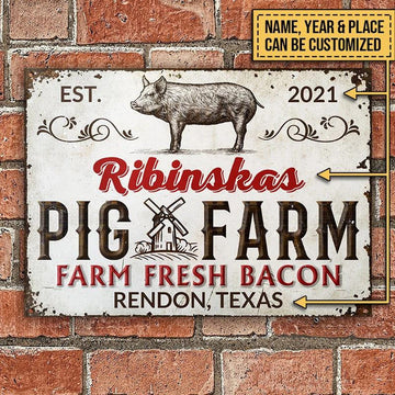 Joycorners Pig Farm Fresh Bacon White Rectangle Metal Sign Custom Text