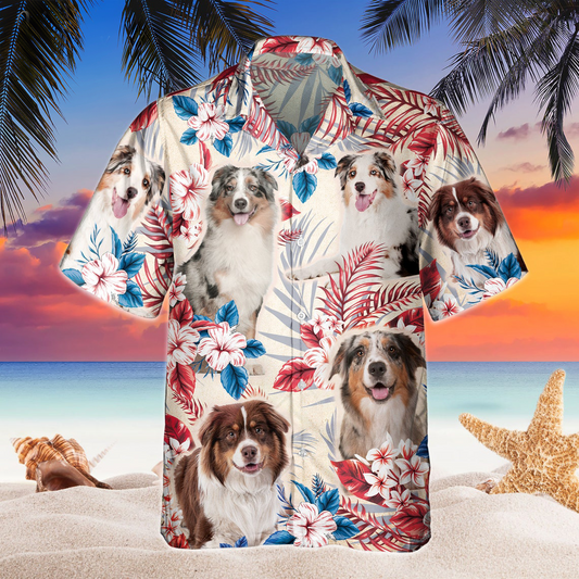 Joycorners Australian Shepherd Dog United States Flag Hawaiian Flowers All Over Printed 3D Hawaiian Shirt