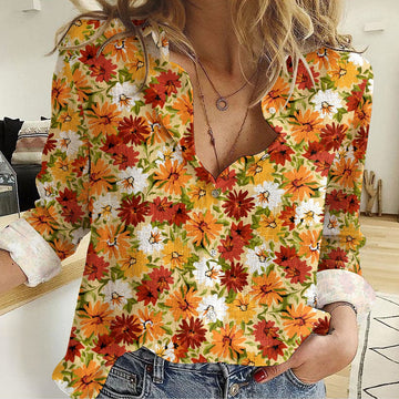 Joycorners Orange And Burgundy Floral Pattern Casual Shirt