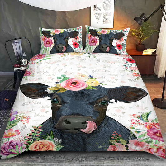 Black Angus - Happy Farm Cattle Floral Bedding Set