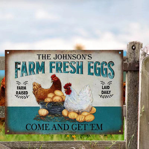 Personalized Chicken Farm Raised Laid Daily Turquoise Customized Classic Metal Signs