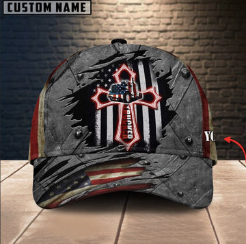 Joycorners Personalized Name American Flag And Cross Trucker Classic Cap 2023