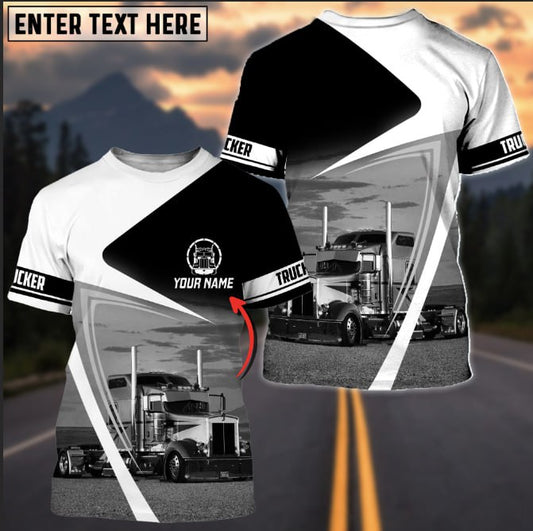 Joy Corners Custom Name Truck In Black And White Trucker 3D Full Printed T - shirt 2023