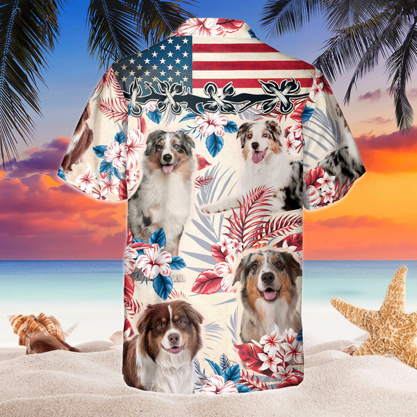 Joycorners Australian Shepherd Dog United States Flag Hawaiian Flowers All Over Printed 3D Hawaiian Shirt