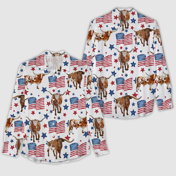 Joycorners TX Longhorn Patriot USA Flag Casual Shirt