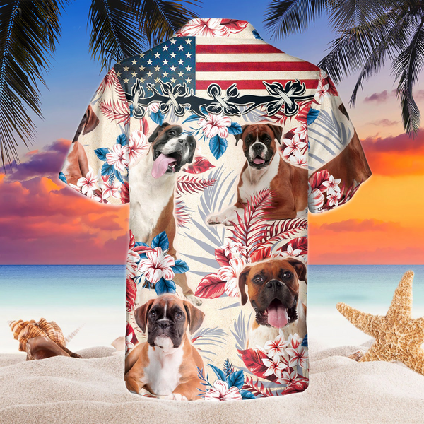 Joycorners Boxer Dog United States Flag Hawaiian Flowers All Over Printed 3D Hawaiian Shirt