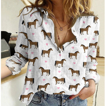 Joycorners Pink Heart Pattern Horses All Printed 3D Casual Shirt