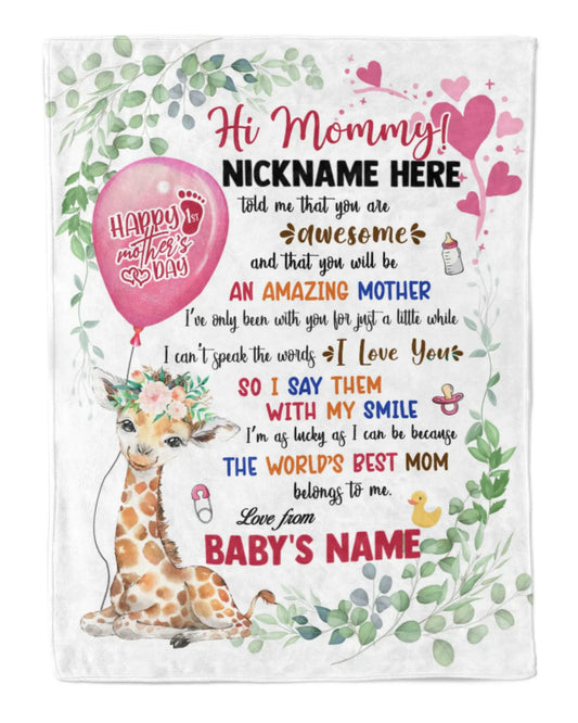 JoyCorner Personalized Printed Blanket Little Giraffe With Pink Balloon - Mothers Day Gift