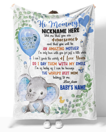JoyCorner Personalized Printed Blanket Little Elephant With Blue Balloon - Mothers Day Gift