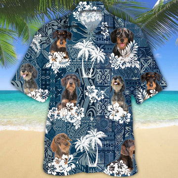 Joycorners Dachshund 2 Hawaiian Tropical Plants Pattern Blue And White All Over Printed 3D Hawaiian Shirt