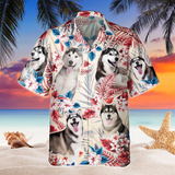 Joycorners Siberian Husky Dog United States Flag Hawaiian Flowers All Over Printed 3D Hawaiian Shirt