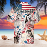 Joycorners Siberian Husky Dog United States Flag Hawaiian Flowers All Over Printed 3D Hawaiian Shirt