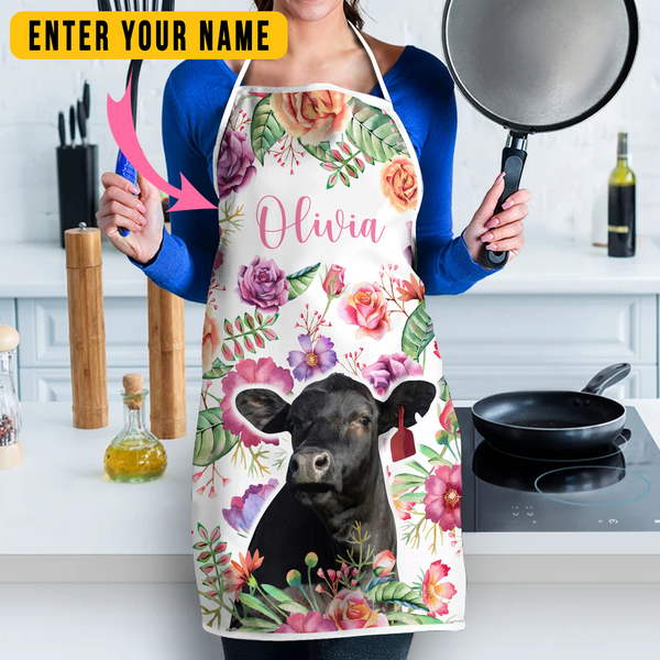 Joycorners Personalized Name Black Angus Flowers All Over Printed 3D Apron
