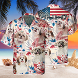 Joycorners Shih Tzu Dog United States Flag Hawaiian Flowers All Over Printed 3D Hawaiian Shirt