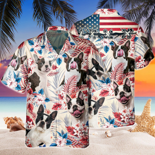 Joycorners Boston Terrier Dog United States Flag Hawaiian Flowers All Over Printed 3D Hawaiian Shirt