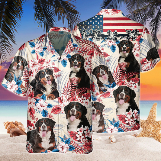 Joycorners Bernese Mountain Dog United States Flag Hawaiian Flowers All Over Printed 3D Hawaiian Shirt
