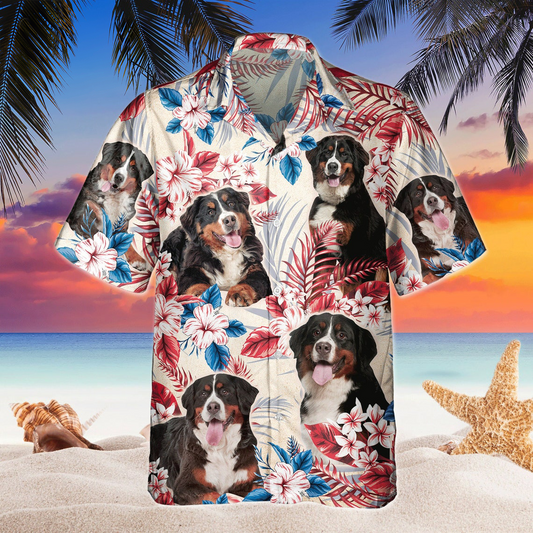 Joycorners Bernese Mountain Dog United States Flag Hawaiian Flowers All Over Printed 3D Hawaiian Shirt